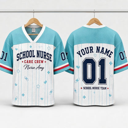 Personalized School Nurse Care Crew Football Jersey - Custom Name & Number Mesh Jersey for Nurses