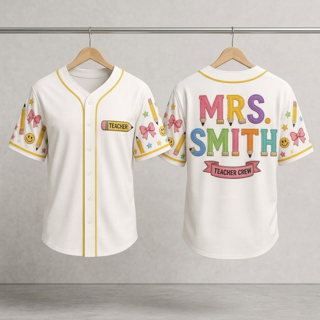 Personalized Teacher Crew Baseball Jersey - Custom Name Pencil Design School Spirit Shirt