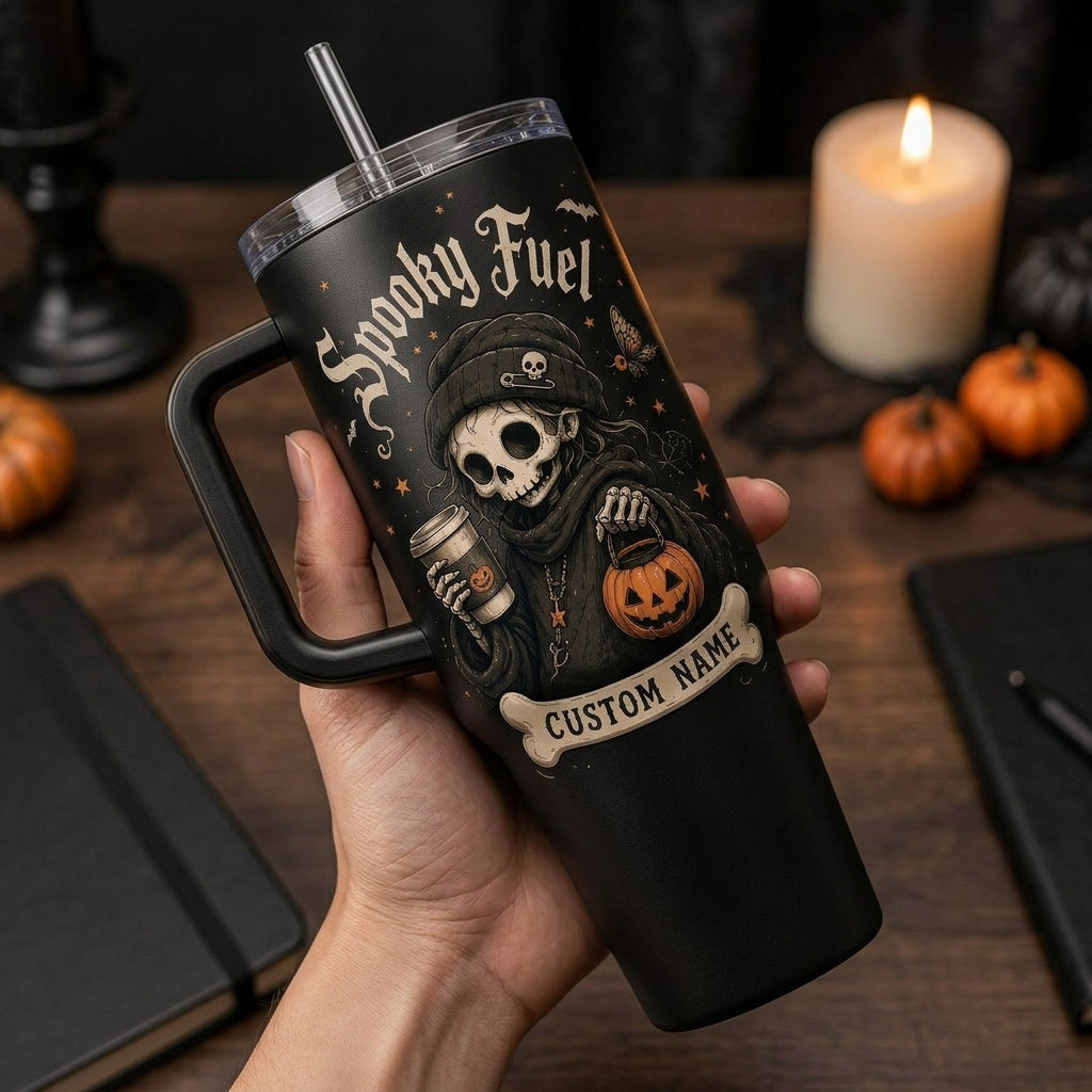 Personalized Spooky Fuel 40oz Tumbler with Handle - Custom Name Halloween Skeleton Coffee Mug