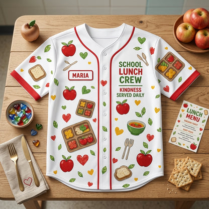 Personalized School Lunch Crew Baseball Jersey - Custom Name Serving Kindness Daily Gift for Lunch Ladies