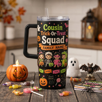 Personalized Cousin Trick-Or-Treat Squad 40oz Tumbler with Handle, Custom Family Name Halloween Gift