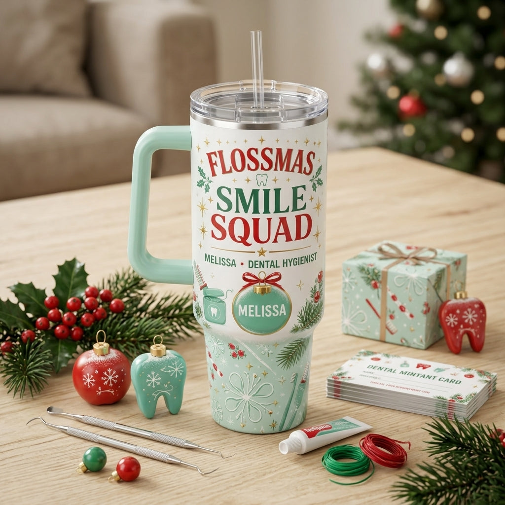 Personalized Flossmas Smile Squad 40oz Tumbler with Handle, Custom Dental Hygienist Christmas Gift