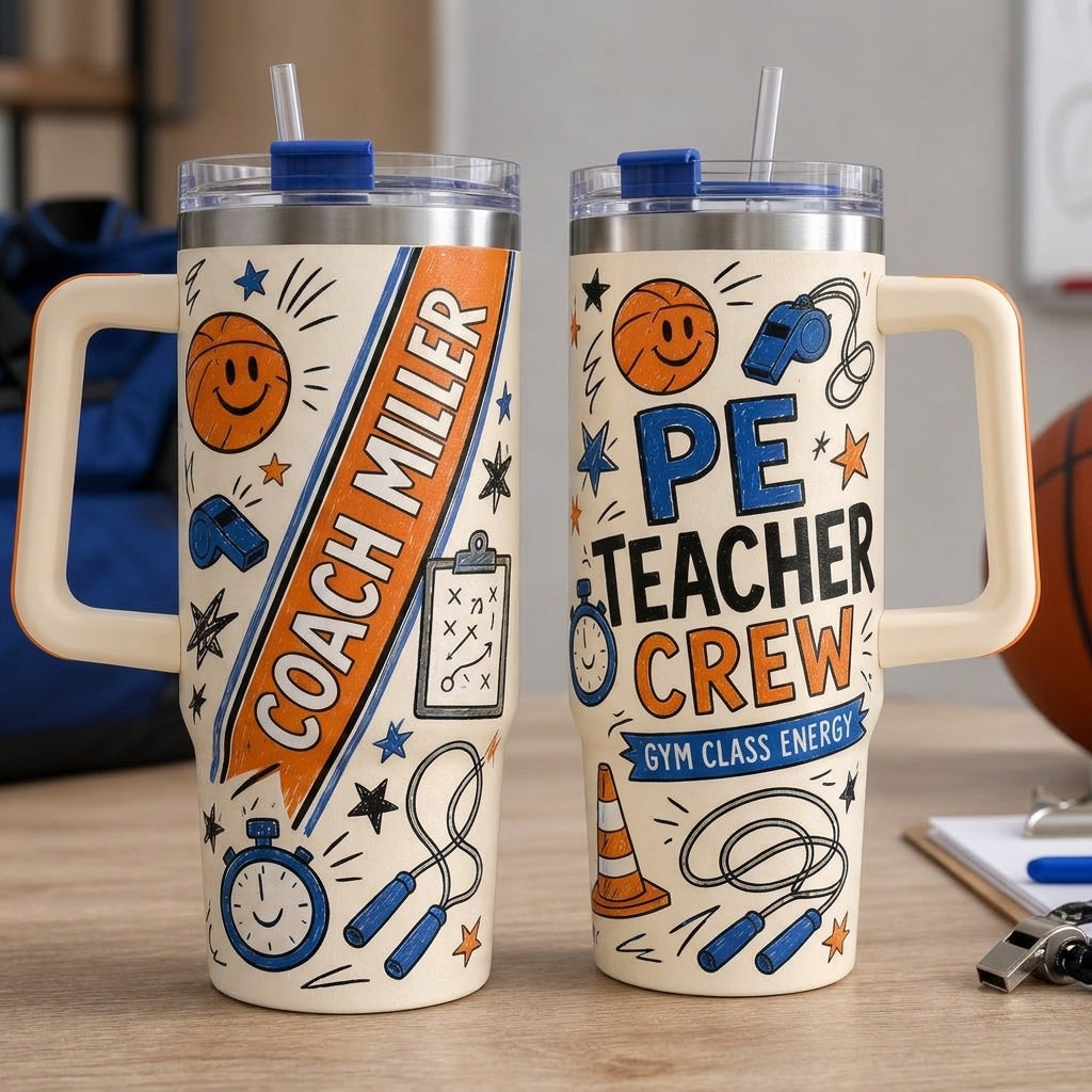 Personalized PE Teacher Crew 40oz Tumbler with Handle, Custom Coach Name Gift for Gym Teachers and Coaches