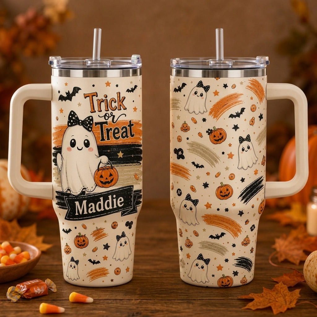 Personalized Halloween Ghost Trick or Treat 40oz Tumbler with Handle - Custom Name Gift