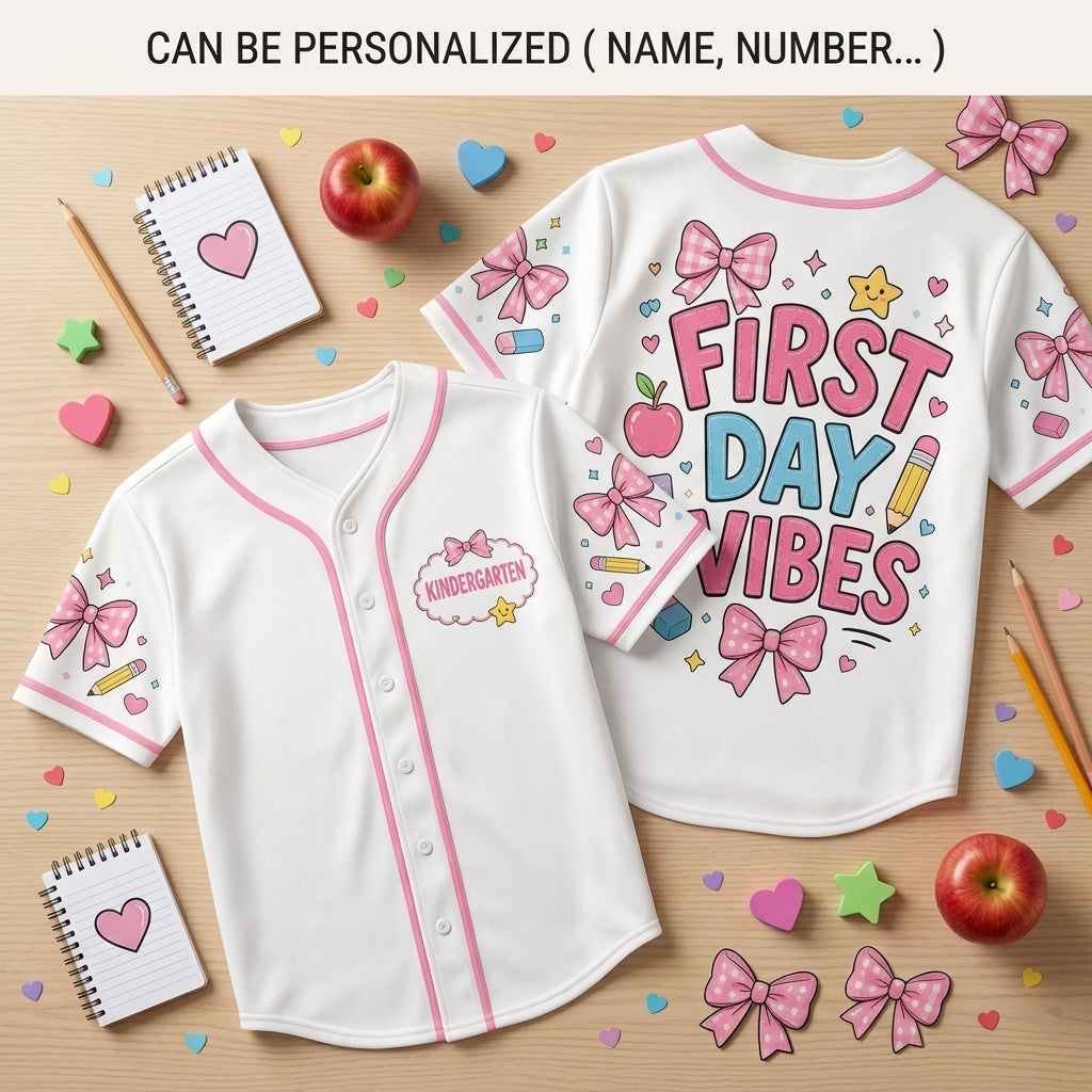 Personalized First Day Vibes Baseball Jersey - Custom Kindergarten Back to School Shirt - Pink Bow Coquette Outfit