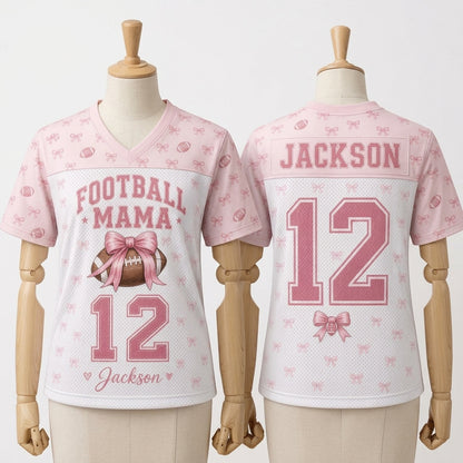 Personalized Football Mama Mesh Jersey - Custom Name and Number Coquette Pink Bow Sports Shirt