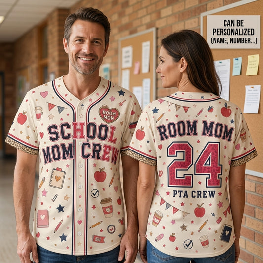 Personalized School Mom Crew Baseball Jersey - Custom Room Mom PTA Shirt Gift for Volunteers