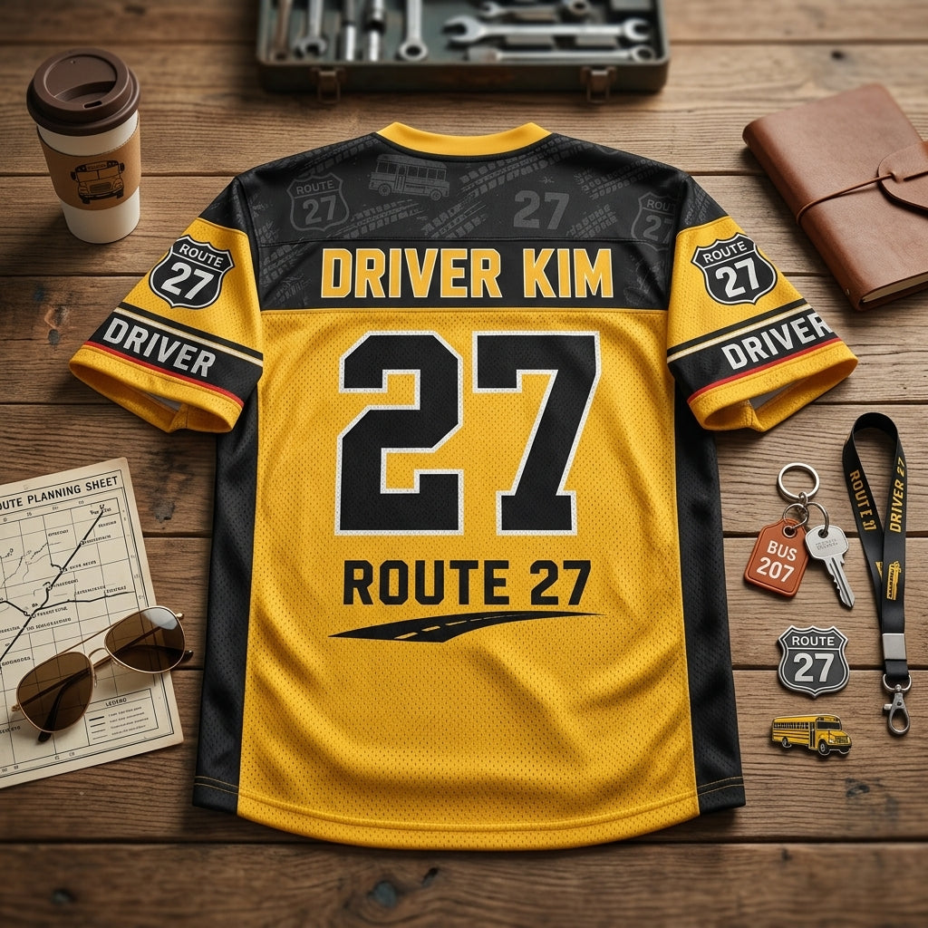 Personalized School Bus Driver Football Jersey - Custom Name & Number Safe Rides Crew Mesh Sportswear