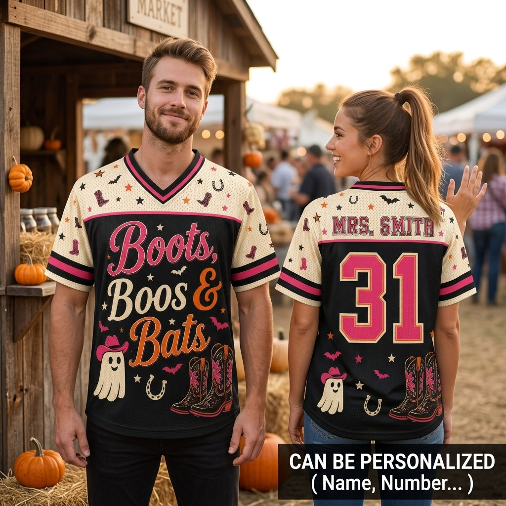 Personalized Boots Boos & Bats Halloween Football Jersey - Custom Name & Number Cowgirl Ghost Western Shirt