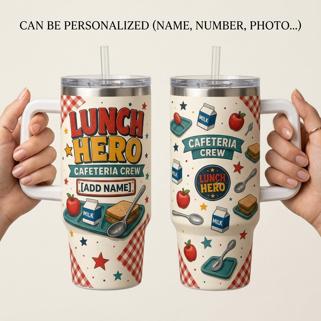 Personalized Lunch Hero Cafeteria Crew 40oz Tumbler with Handle - Custom Name School Gift