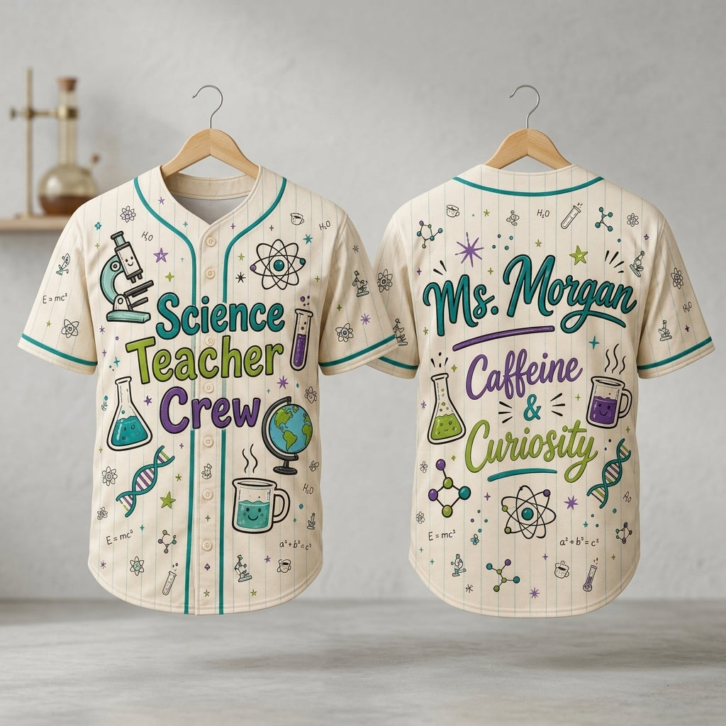 Personalized Science Teacher Crew Baseball Jersey - Custom Name STEM Educator Gift, Caffeine & Curiosity Jersey