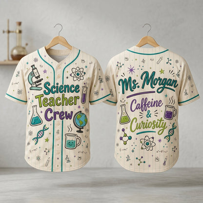 Personalized Science Teacher Crew Baseball Jersey - Custom Name STEM Educator Gift, Caffeine & Curiosity Jersey