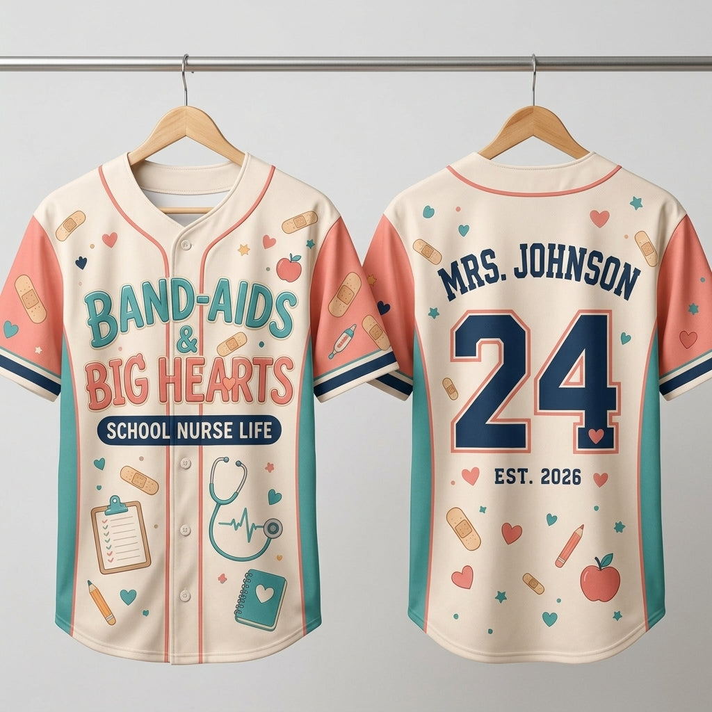 Personalized School Nurse Baseball Jersey - Band-Aids & Big Hearts Custom Name and Number Nursing Gift