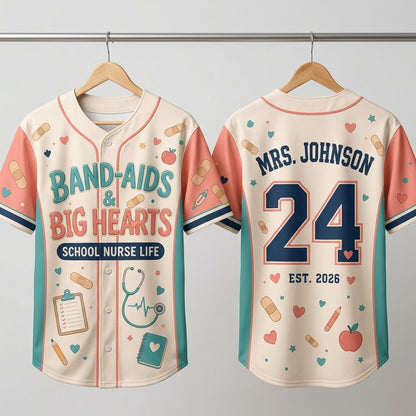 Personalized School Nurse Baseball Jersey - Band-Aids & Big Hearts Custom Name and Number Nursing Gift