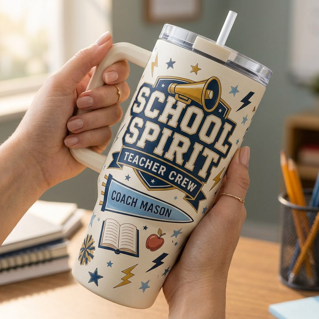 Personalized School Spirit Teacher Crew 40oz Tumbler with Handle - Custom Coach & Educator Gift