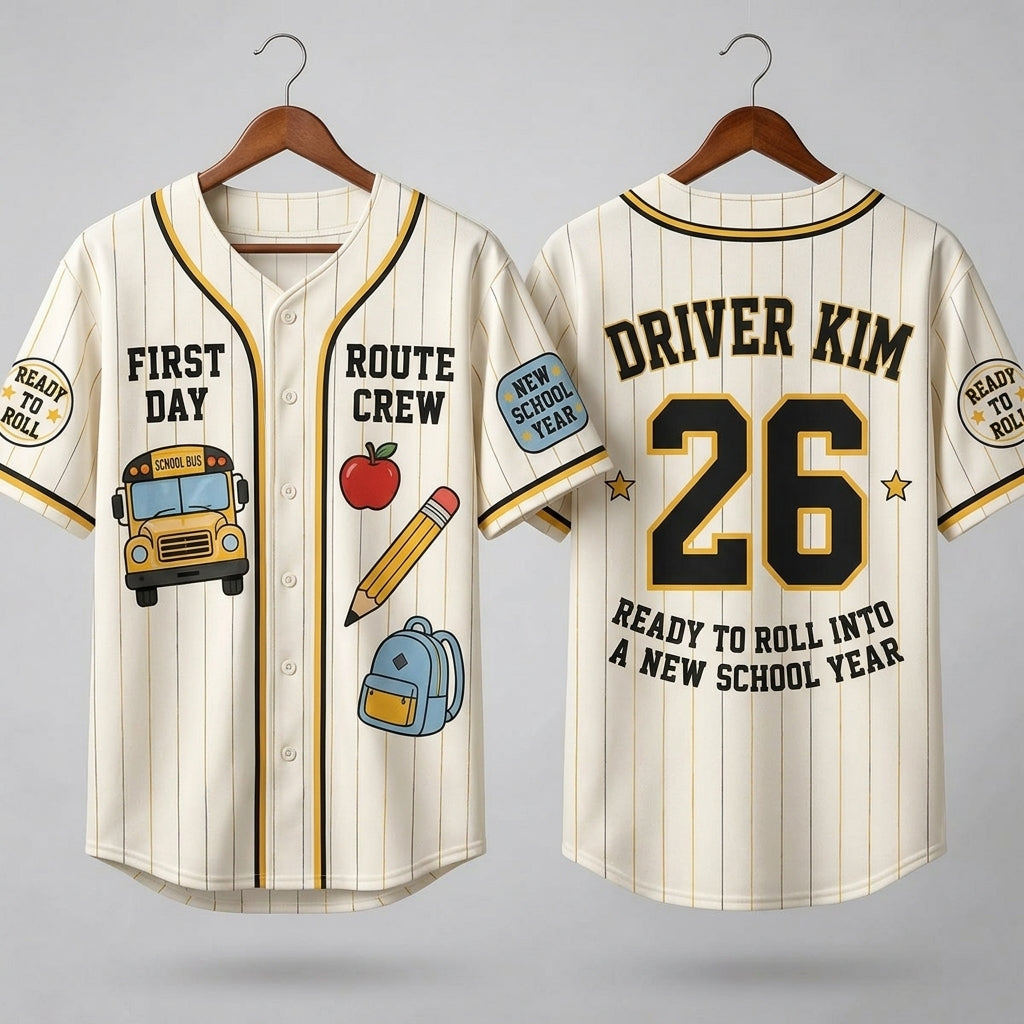 Personalized School Bus Driver Baseball Jersey - Custom Name & Number Route Crew Back to School Apparel