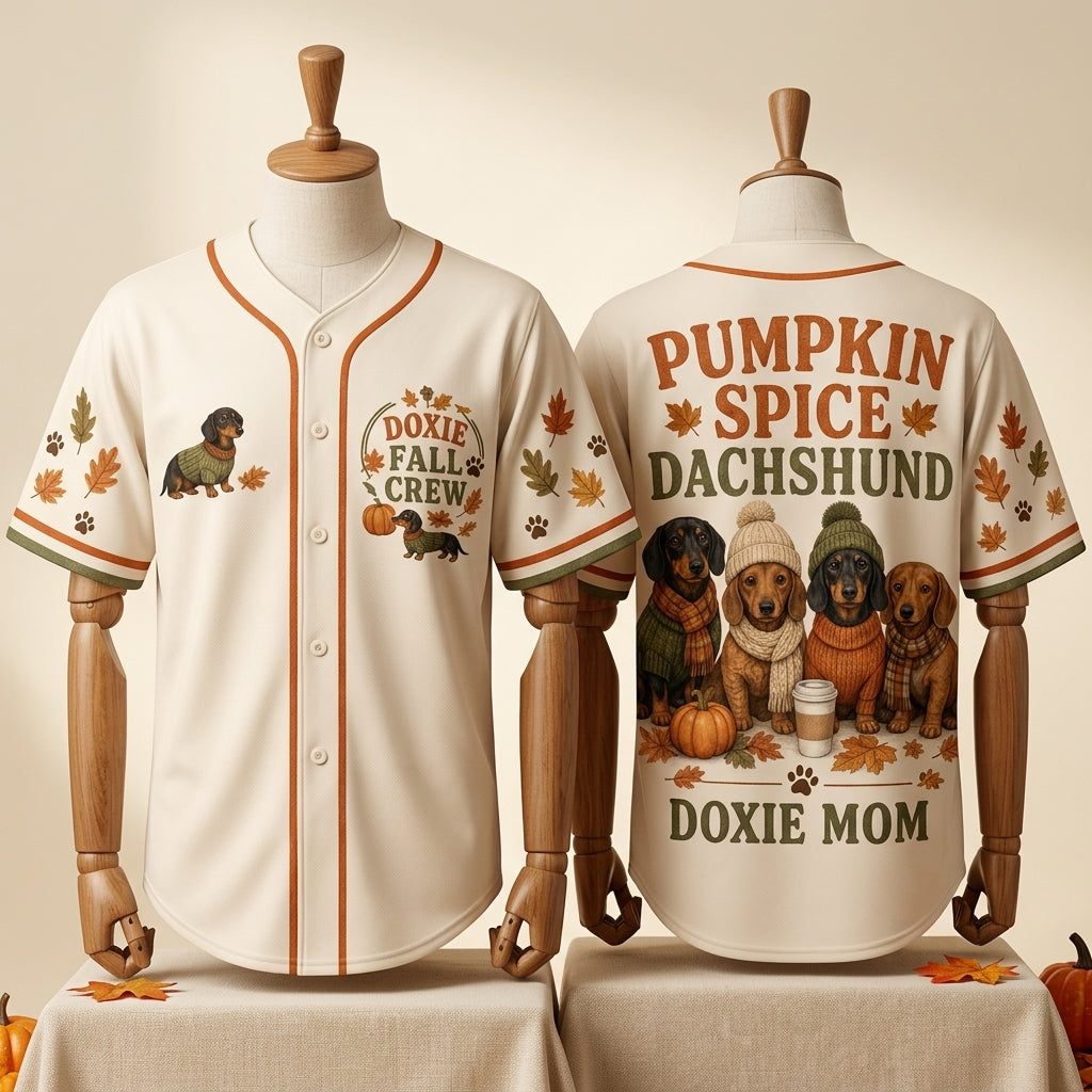 Personalized Pumpkin Spice Dachshund Baseball Jersey - Doxie Mom Fall Crew Autumn Shirt