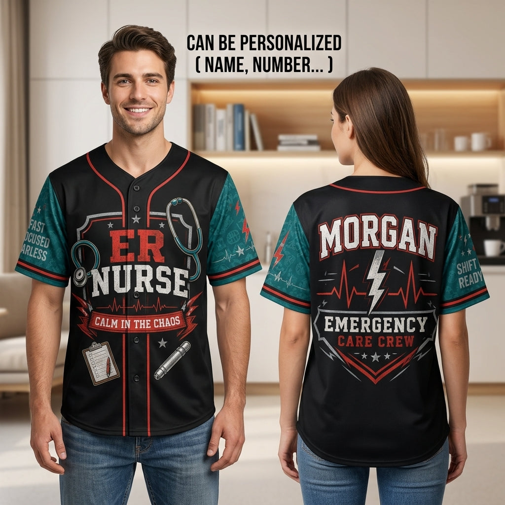 Personalized ER Nurse Emergency Care Crew Baseball Jersey - Custom Name Gift for Nursing Heroes