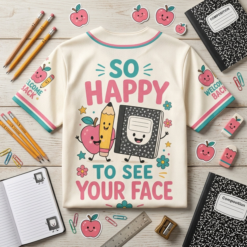 Personalized Teacher Baseball Jersey - So Happy To See Your Face Welcome Back School Shirt - Custom Educator Sports Top