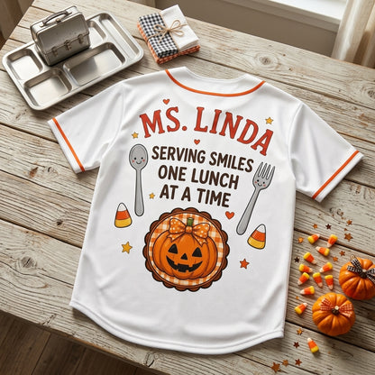 Personalized Trick or Treat Lunch Lady Halloween Baseball Jersey - Custom Name Cafeteria Staff Gift Apparel