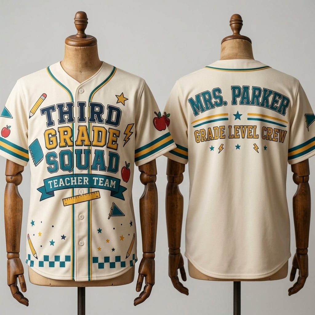 Personalized Third Grade Squad Teacher Baseball Jersey - Custom Name Back-to-School Grade Level Crew Uniform