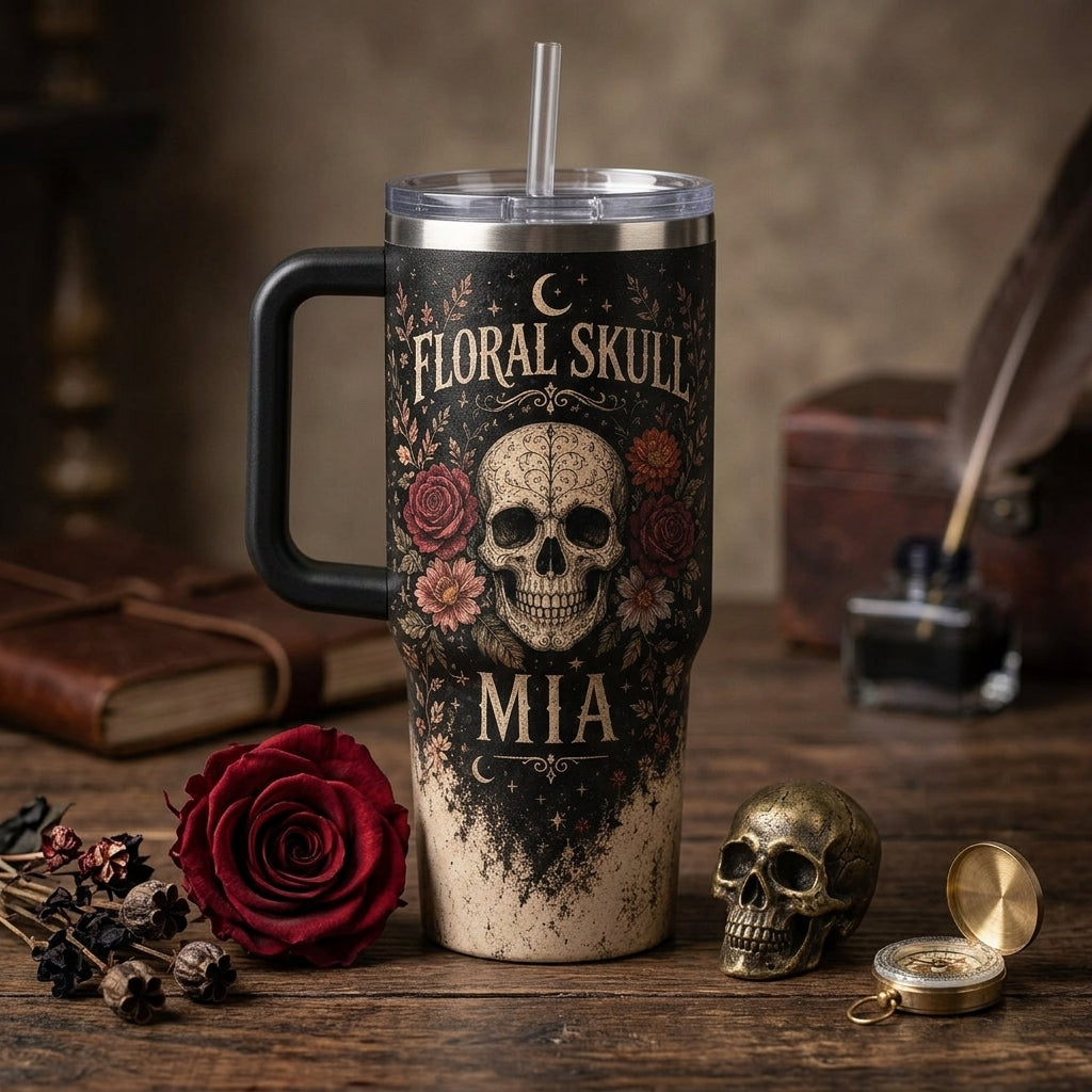 Personalized Floral Skull 40oz Tumbler with Handle, Gothic Rose Celestial Design Custom Name Travel Mug