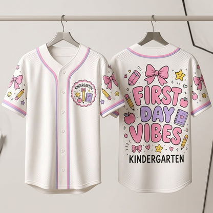 Personalized Kindergarten First Day Vibes Baseball Jersey - Custom Back to School Teacher & Student Gift