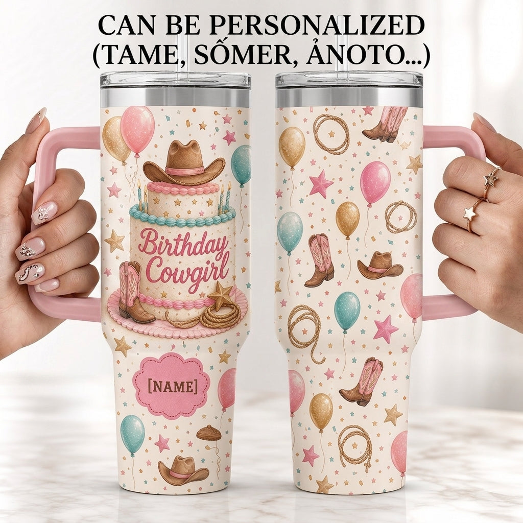 Personalized Birthday Cowgirl 40oz Tumbler with Handle, Custom Name Western Theme Gift