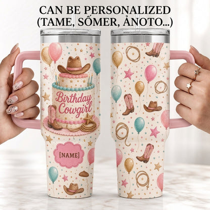 Personalized Birthday Cowgirl 40oz Tumbler with Handle, Custom Name Western Theme Gift