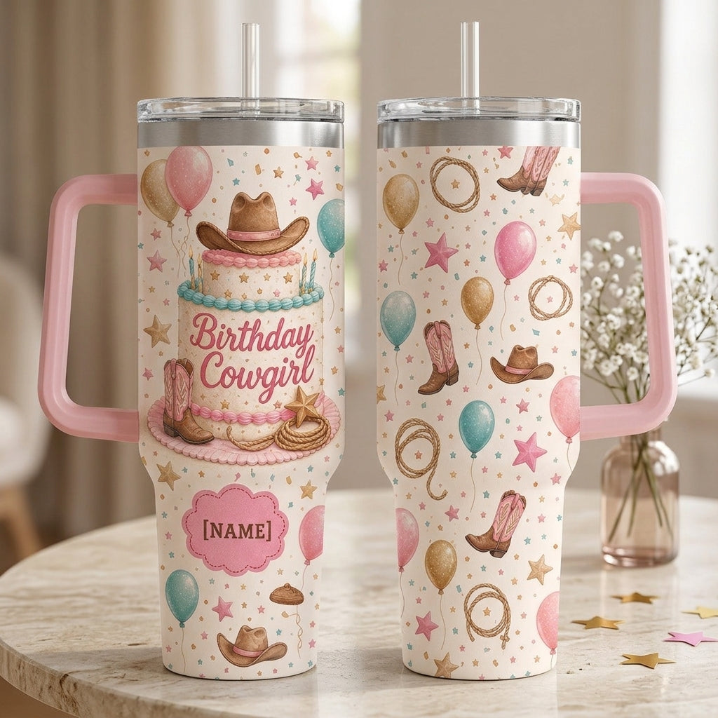 Personalized Birthday Cowgirl 40oz Tumbler with Handle, Custom Name Western Theme Gift