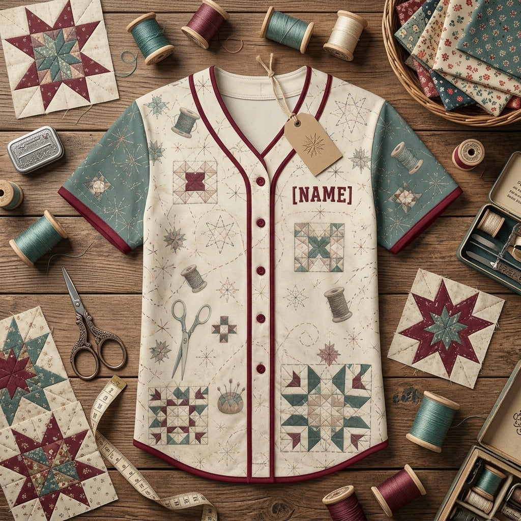 Personalized Quilting Pattern Baseball Jersey - Custom Name Sewing & Crafting Enthusiast Button-Up Shirt