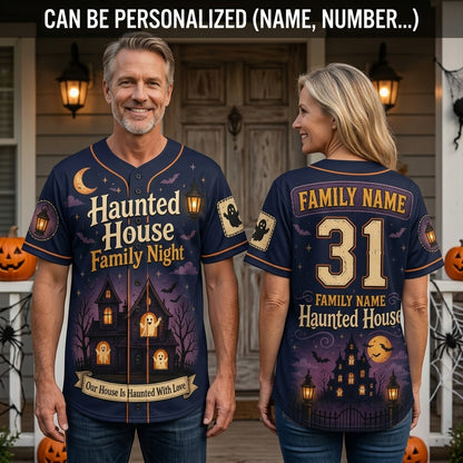Personalized Haunted House Family Night Baseball Jersey - Custom Spooky Halloween Family Team Uniform