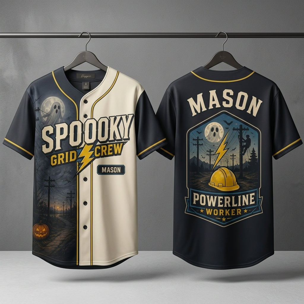 Personalized Spooky Grid Crew Baseball Jersey - Custom Name Powerline Worker Halloween Utility Lineman Gift