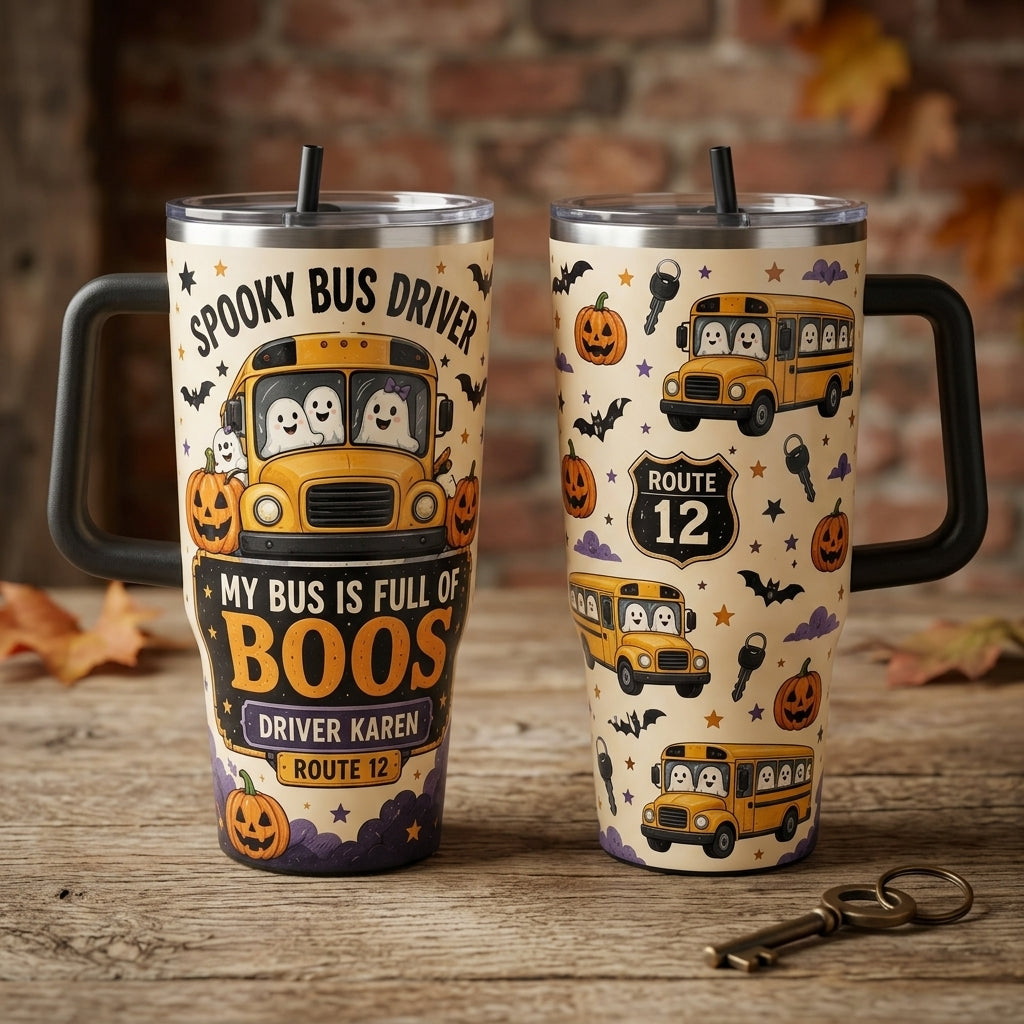 Personalized Spooky Bus Driver 40oz Tumbler with Handle - Custom Name Halloween Gift