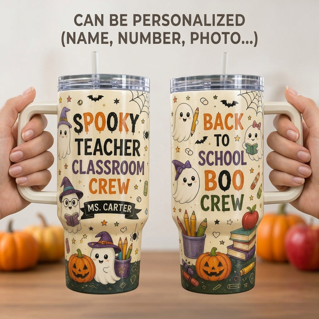 Personalized Spooky Teacher Classroom Crew 40oz Tumbler with Handle, Custom Name Halloween Boo Crew Gift