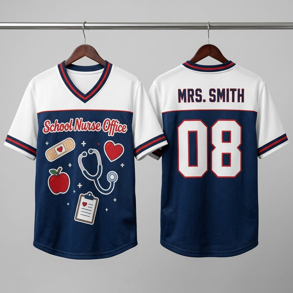 Personalized School Nurse Office Football Jersey - Custom Name & Number Hybrid Mesh Shirt