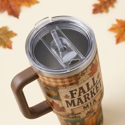 Personalized Fall Market 40oz Tumbler with Handle - Custom Name Autumn Leaves Pumpkin Patchwork Travel Mug