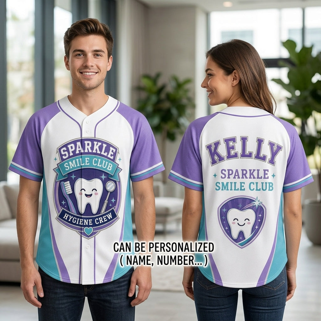 Personalized Dental Hygienist Baseball Jersey - Custom Name Sparkle Smile Club Hygiene Crew Sporty Shirt