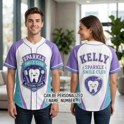 Personalized Dental Hygienist Baseball Jersey - Custom Name Sparkle Smile Club Hygiene Crew Sporty Shirt