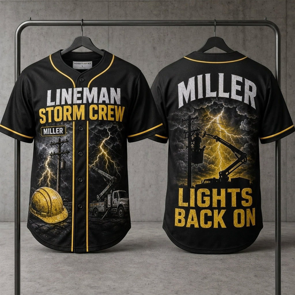 Personalized Lineman Storm Crew Baseball Jersey - Custom Name Utility Worker Lights Back On Apparel
