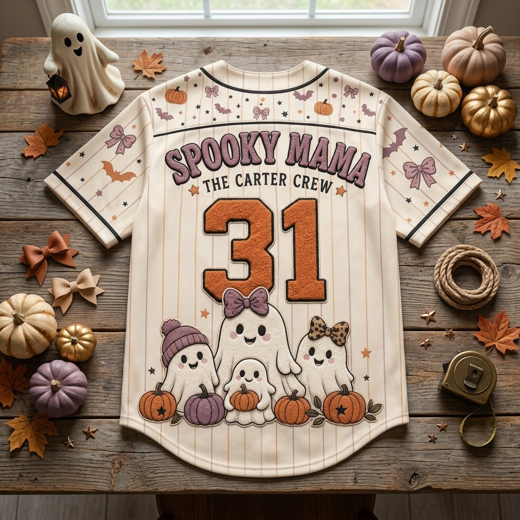 Personalized Spooky Mama Halloween Baseball Jersey - Custom Family Name Boo Crew Ghost Shirt