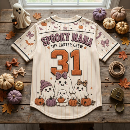 Personalized Spooky Mama Halloween Baseball Jersey - Custom Family Name Boo Crew Ghost Shirt