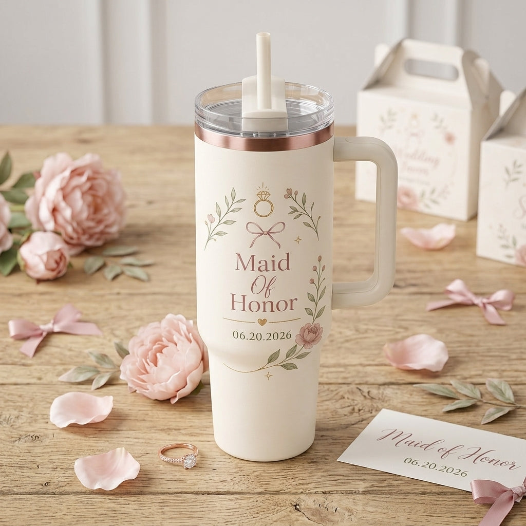 Personalized Bridal Crew 40oz Tumbler with Handle - Custom Maid of Honor Gift with Name and Date - Floral Wedding Mug