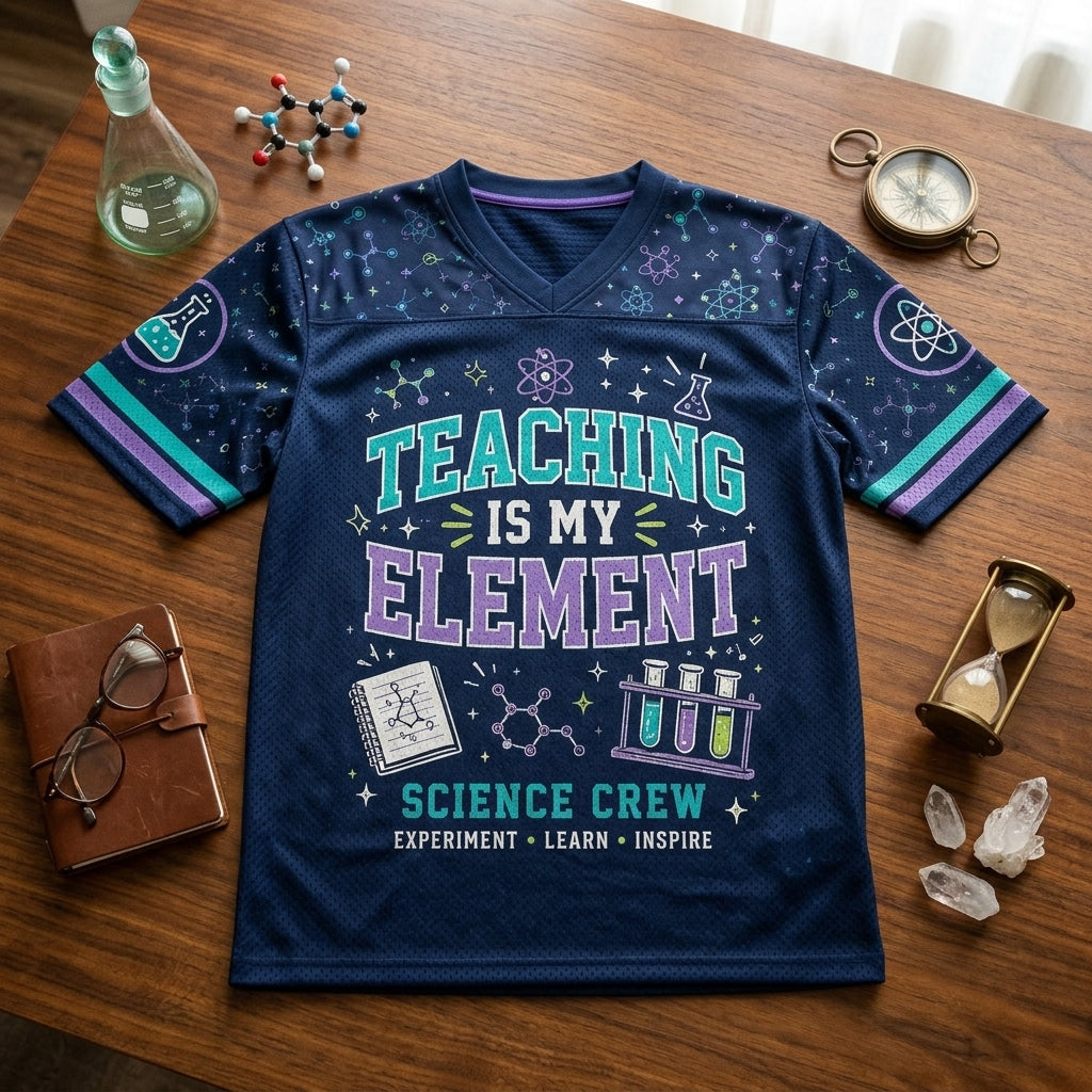 Personalized Science Teacher Football Jersey - Custom Name Science Crew Navy Hybrid Mesh Sports Shirt