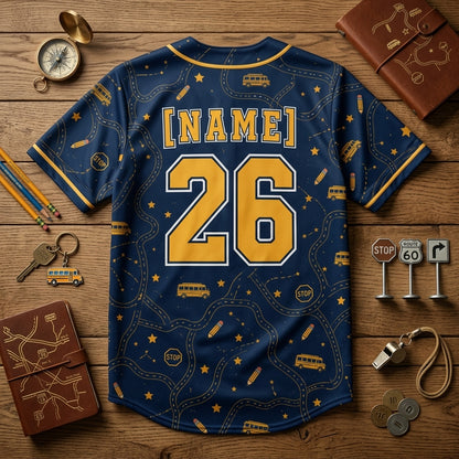 Personalized School Bus Driver Route Squad Baseball Jersey - Custom Name and Number Navy Gold Uniform