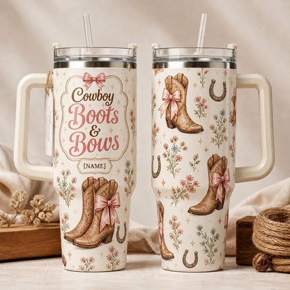 Personalized Cowboy Boots and Bows 40oz Tumbler with Handle - Custom Name Western Coquette Gift