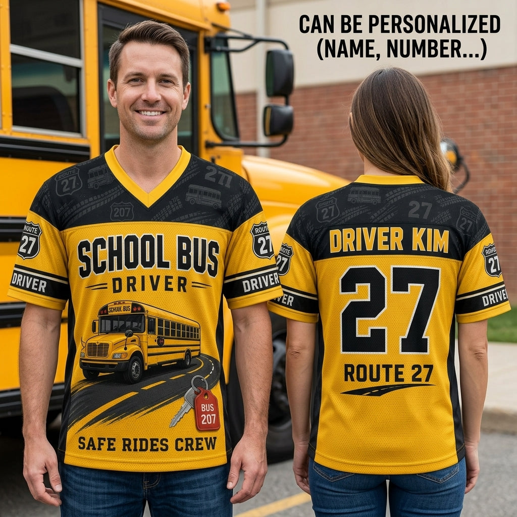 Personalized School Bus Driver Football Jersey - Custom Name & Number Safe Rides Crew Mesh Sportswear