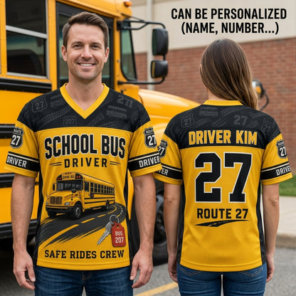 Personalized School Bus Driver Football Jersey - Custom Name & Number Safe Rides Crew Mesh Sportswear