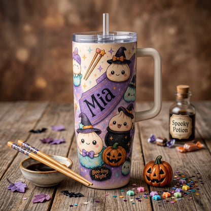 Personalized Spooky Little Dumplings 40oz Tumbler with Handle - Custom Name Kawaii Halloween Witch Dumpling Insulated Mug