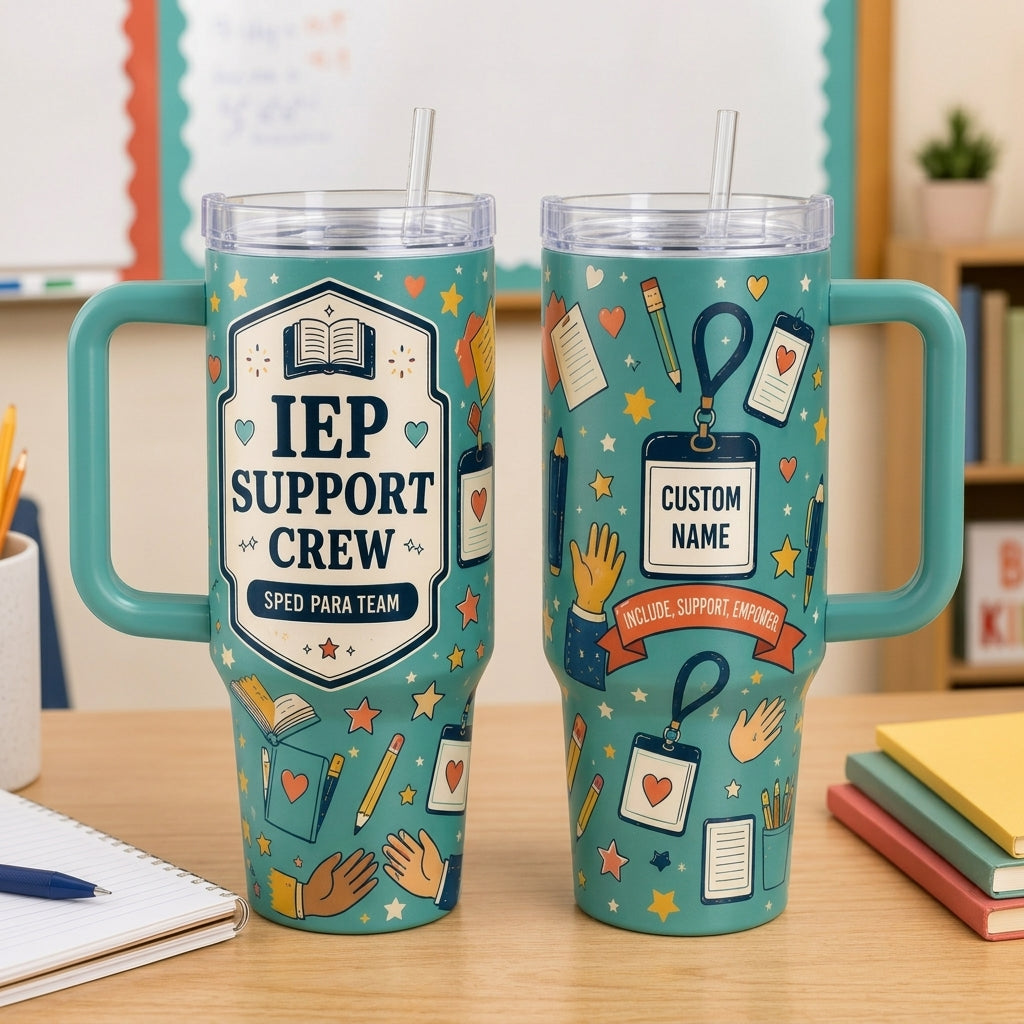 Personalized IEP Support Crew 40oz Tumbler with Handle - Custom Name SPED Para Team Gift - 40oz tumbler mockup 2